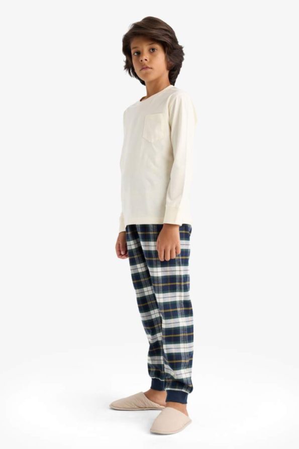 Boys' Long Sleeve Pajama Set with Checkered Bottoms