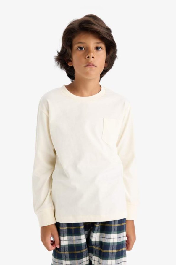 Boys' Long Sleeve Pajama Set with Checkered Bottoms