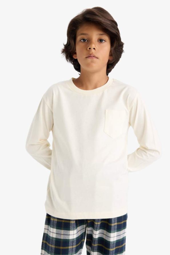 Boys' Long Sleeve Pajama Set with Checkered Bottoms