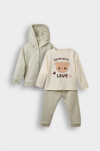 Girls' Baby 3-Piece Set with Hooded Snap Cardigan and Printed Long Sleeve T-Shirt