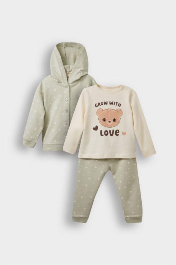 Girls' Baby 3-Piece Set with Hooded Snap Cardigan and Printed Long Sleeve T-Shirt
