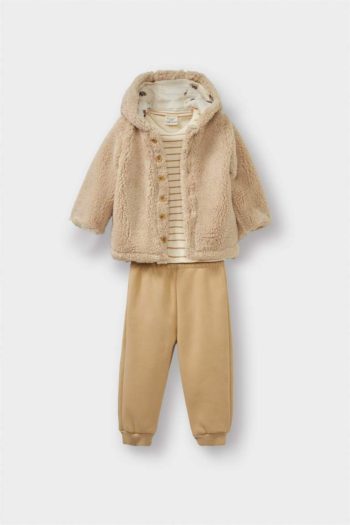 Boys' Three-Piece Plush Hooded Cardigan Striped Long Sleeve T-Shirt Sweatpants Set