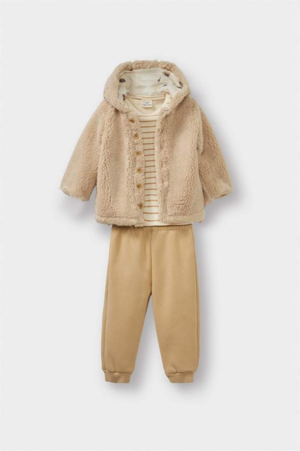 Boys' Three-Piece Plush Hooded Cardigan Striped Long Sleeve T-Shirt Sweatpants Set