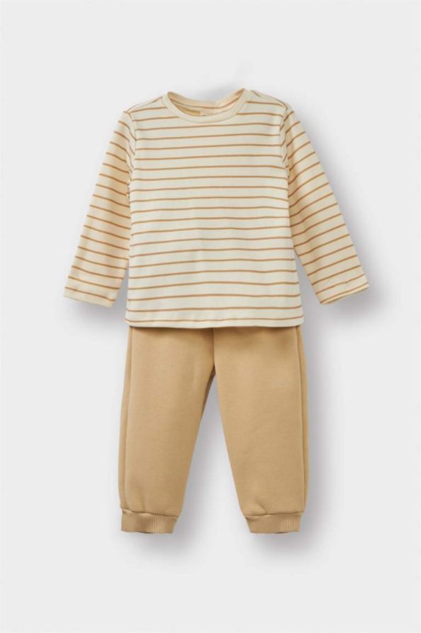 Boys' Three-Piece Plush Hooded Cardigan Striped Long Sleeve T-Shirt Sweatpants Set