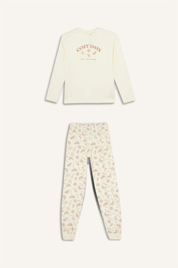 Girls' Printed Long Sleeve Pajama Set with Patterned Pants