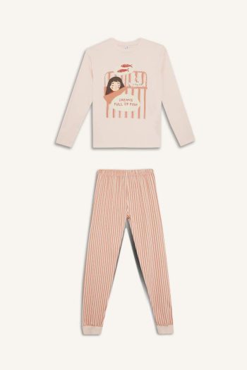 Girls' Printed Long Sleeve Pajama Set with Striped Pants