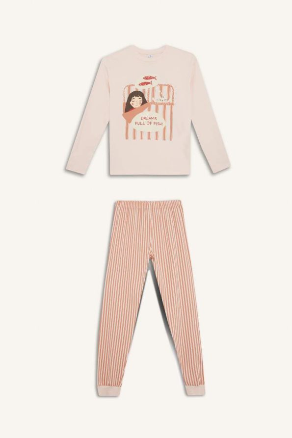 Girls' Printed Long Sleeve Pajama Set with Striped Pants