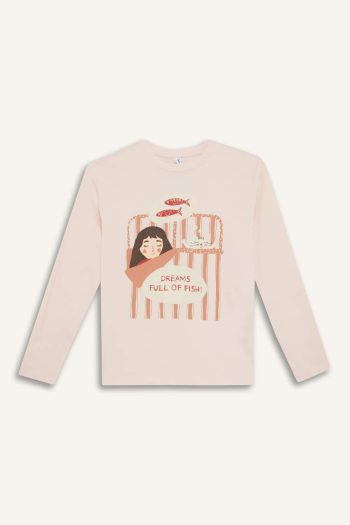 Girls' Printed Long Sleeve Pajama Set with Striped Pants