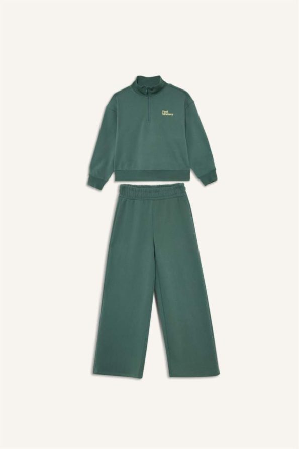 Girls' 2-Piece Printed Sweatshirt with Half Zipper and Wide Leg Sweatpants