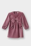 Girls' Velvet Dress with Bow Detail and Long Sleeves