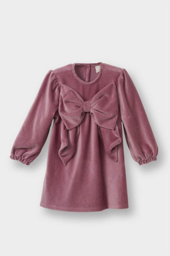 Girls' Velvet Dress with Bow Detail and Long Sleeves