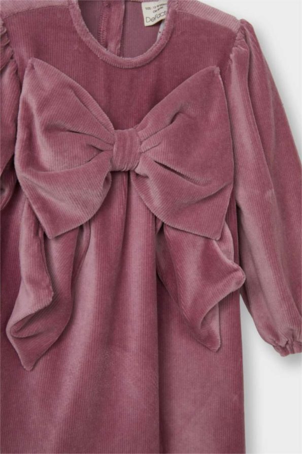 Girls' Velvet Dress with Bow Detail and Long Sleeves