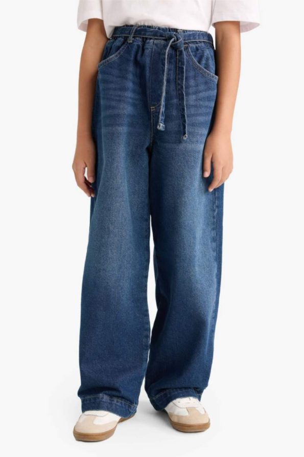Girls' Wide Baggy Fit Elastic Waist Jeans