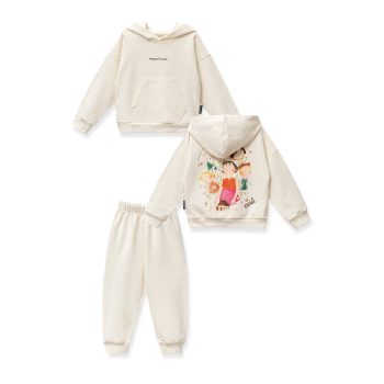 Heidi Patterned Cream Hooded Cotton Girls' Sweatshirt Set