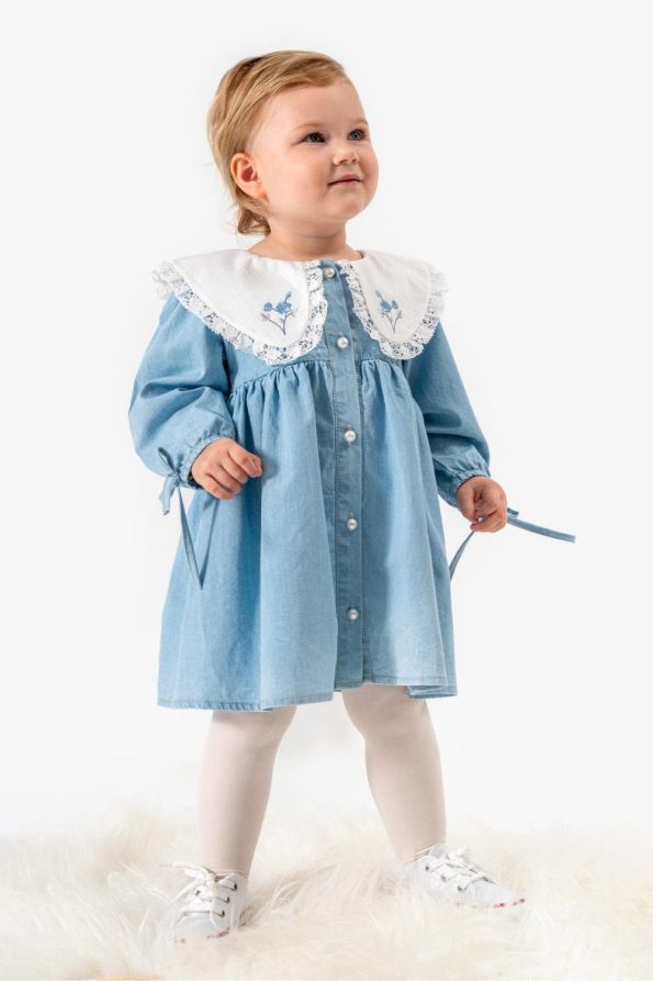 Blue Floral Collar Dress for Baby Girls