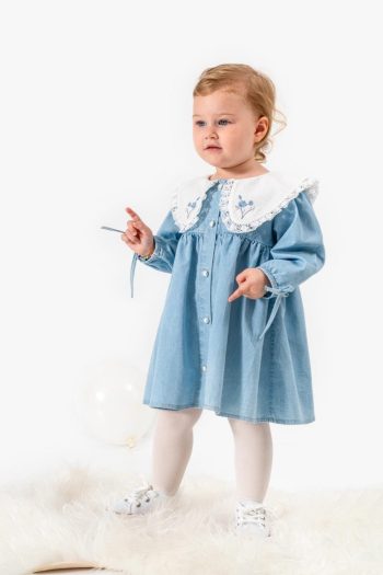 Blue Floral Collar Dress for Baby Girls