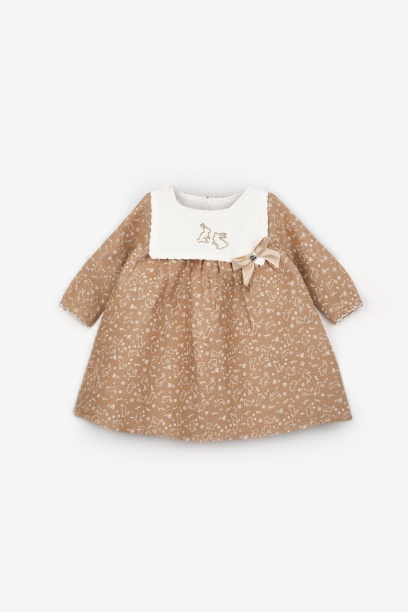 Beige Rabbit Embroidered Muslin Dress for Baby Girls