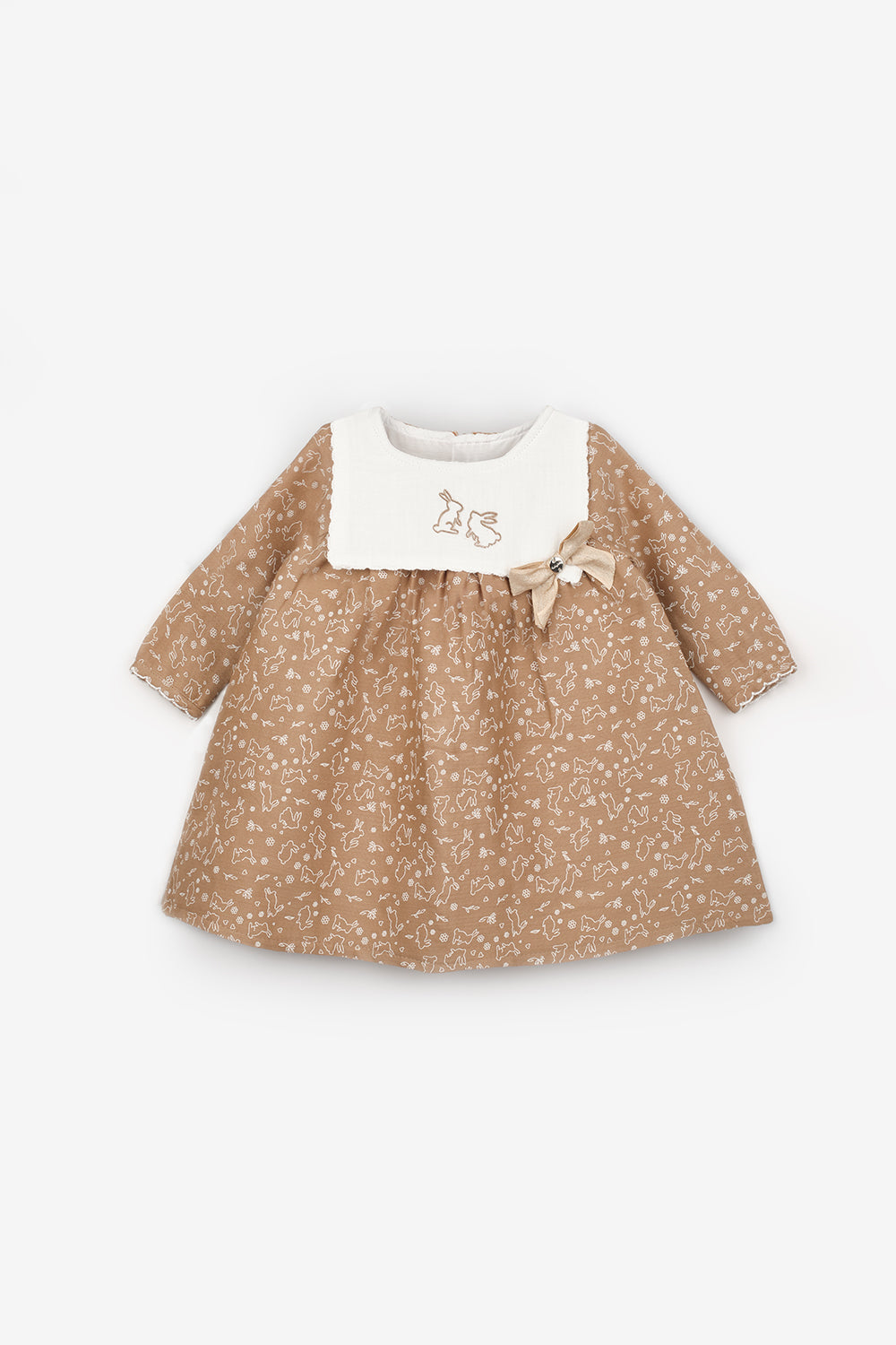 TVSN25AWGDRE011_1004_5.jpg Beige Rabbit Embroidered Muslin Dress for Baby Girls