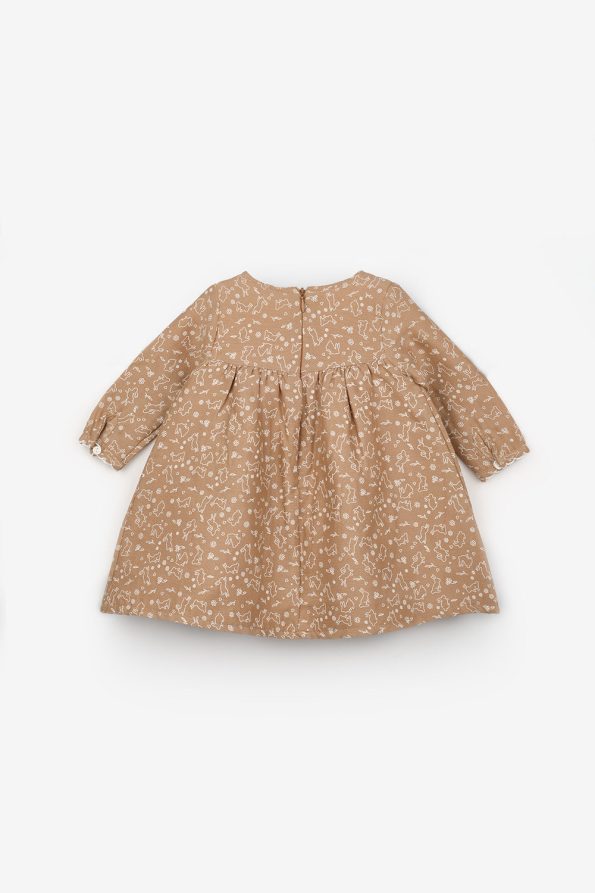 Beige Rabbit Embroidered Muslin Dress for Baby Girls