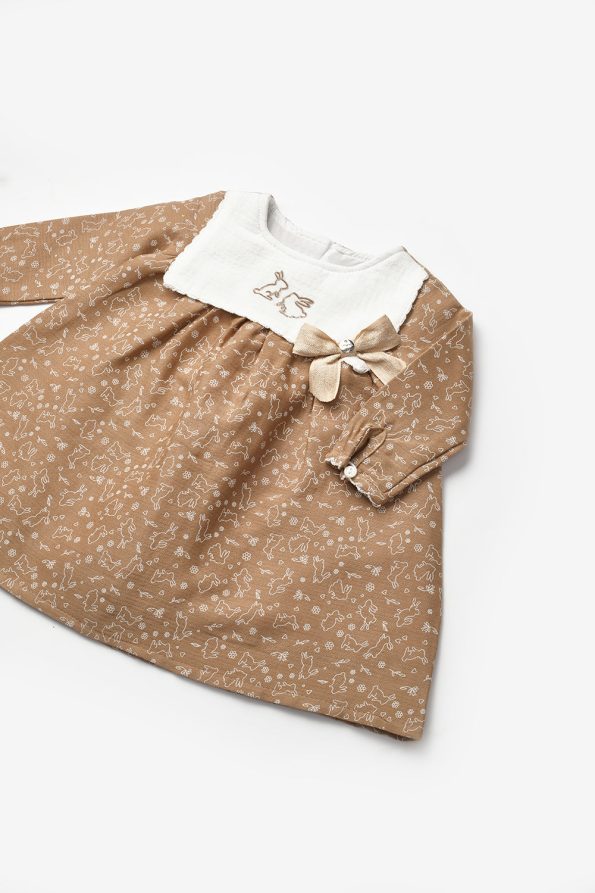 Beige Rabbit Embroidered Muslin Dress for Baby Girls