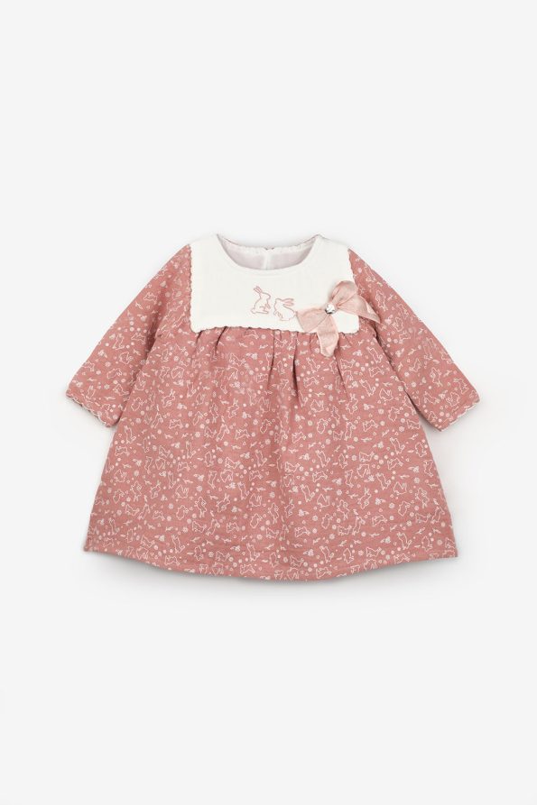 Rose Pink Bunny Embroidered Muslin Dress for Baby Girls