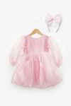 Pink Long Sleeve Organza Girl's Party Dress