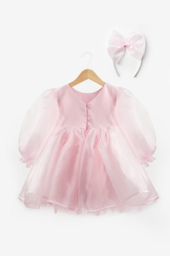 Pink Long Sleeve Organza Girl's Party Dress