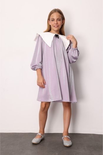 Lilac Long Sleeve Collar Detail Glitter Dress for Girls