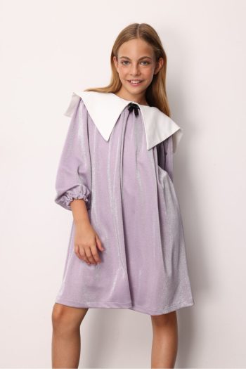 Lilac Long Sleeve Collar Detail Glitter Dress for Girls