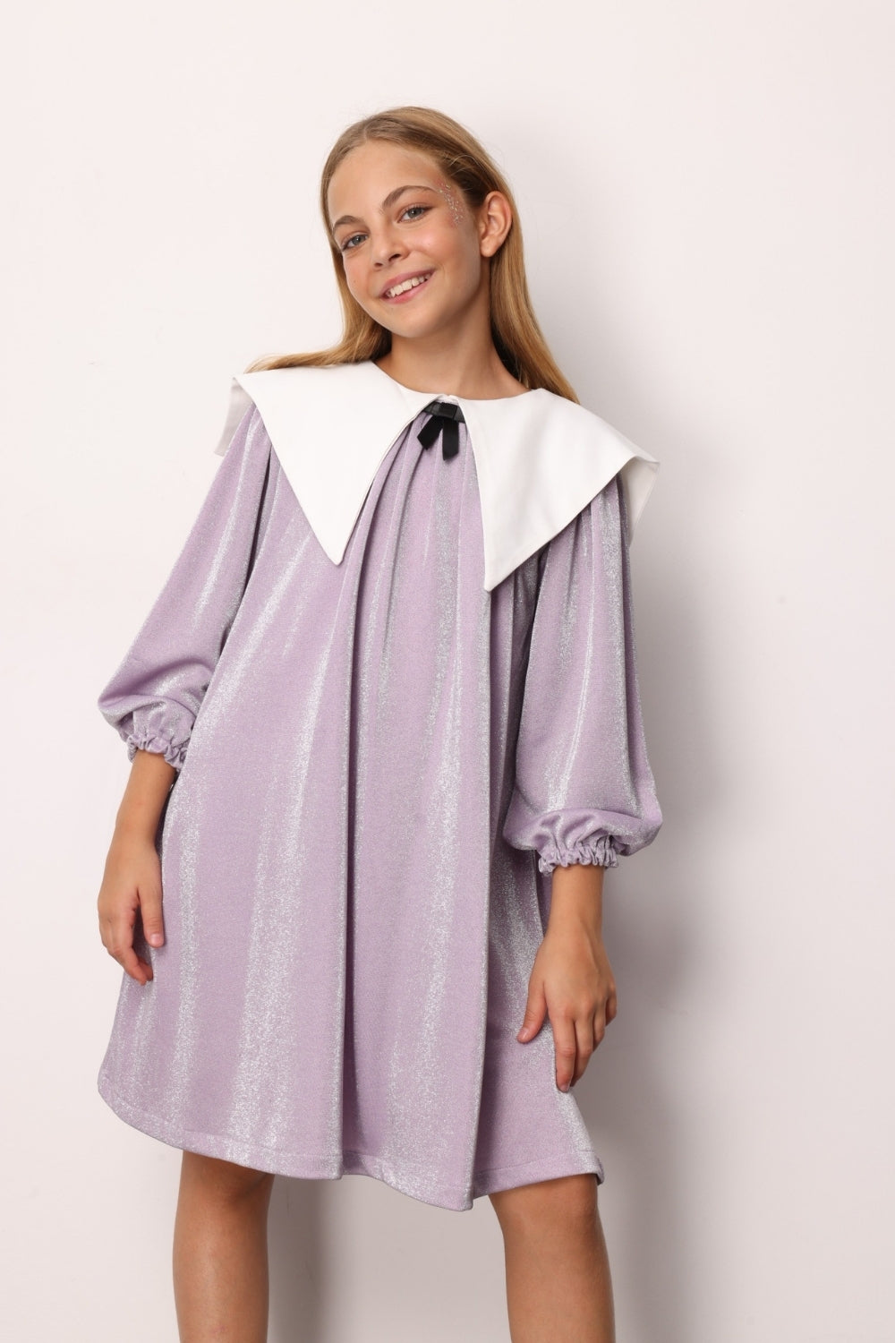 ULMB25AWGDRE005_1021_3.jpg Lilac Long Sleeve Collar Detail Glitter Dress for Girls
