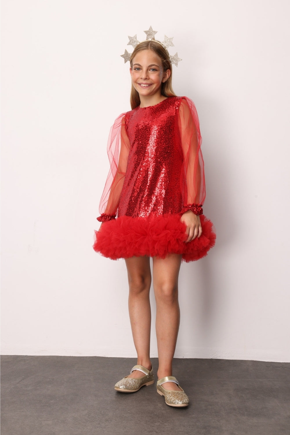 ULMB25AWGDRE014_1015_1.jpg Red Sequin Hem Tulle Girl's Dress - Balenca