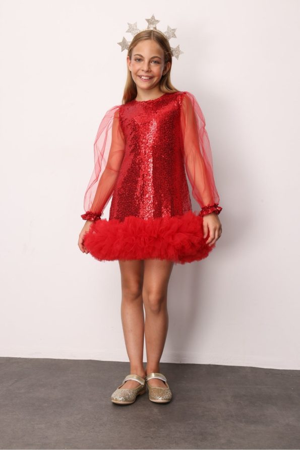 Red Sequin Hem Tulle Girl's Dress - Balenca