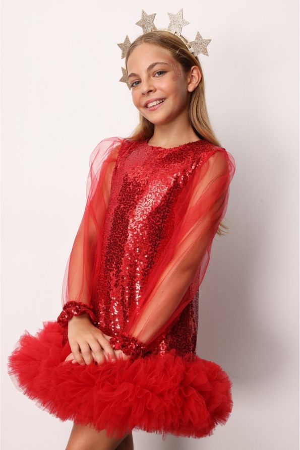 Red Sequin Hem Tulle Girl's Dress - Balenca