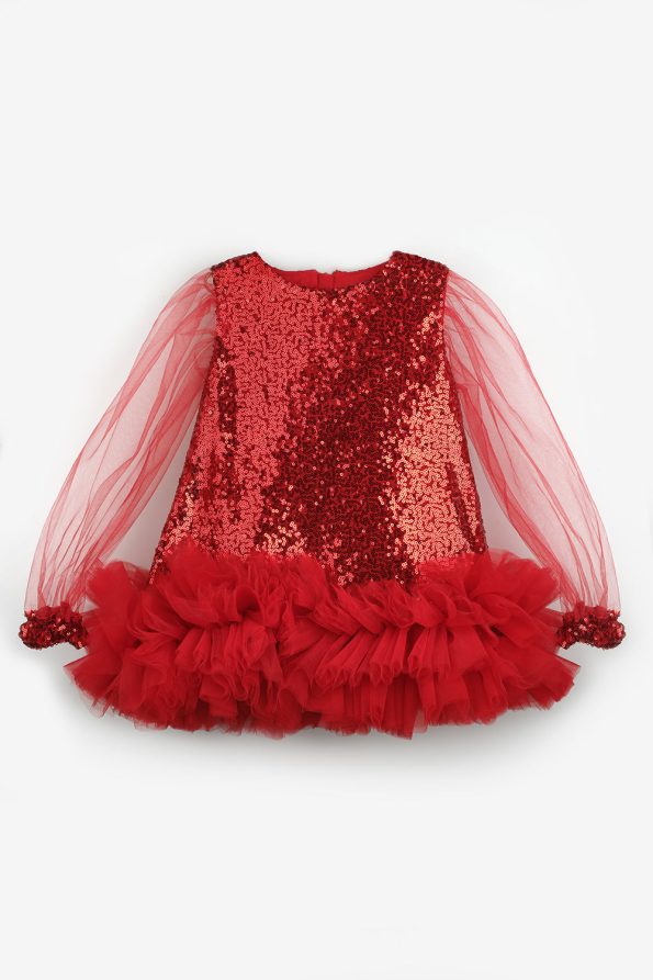 Red Sequin Hem Tulle Girl's Dress - Balenca