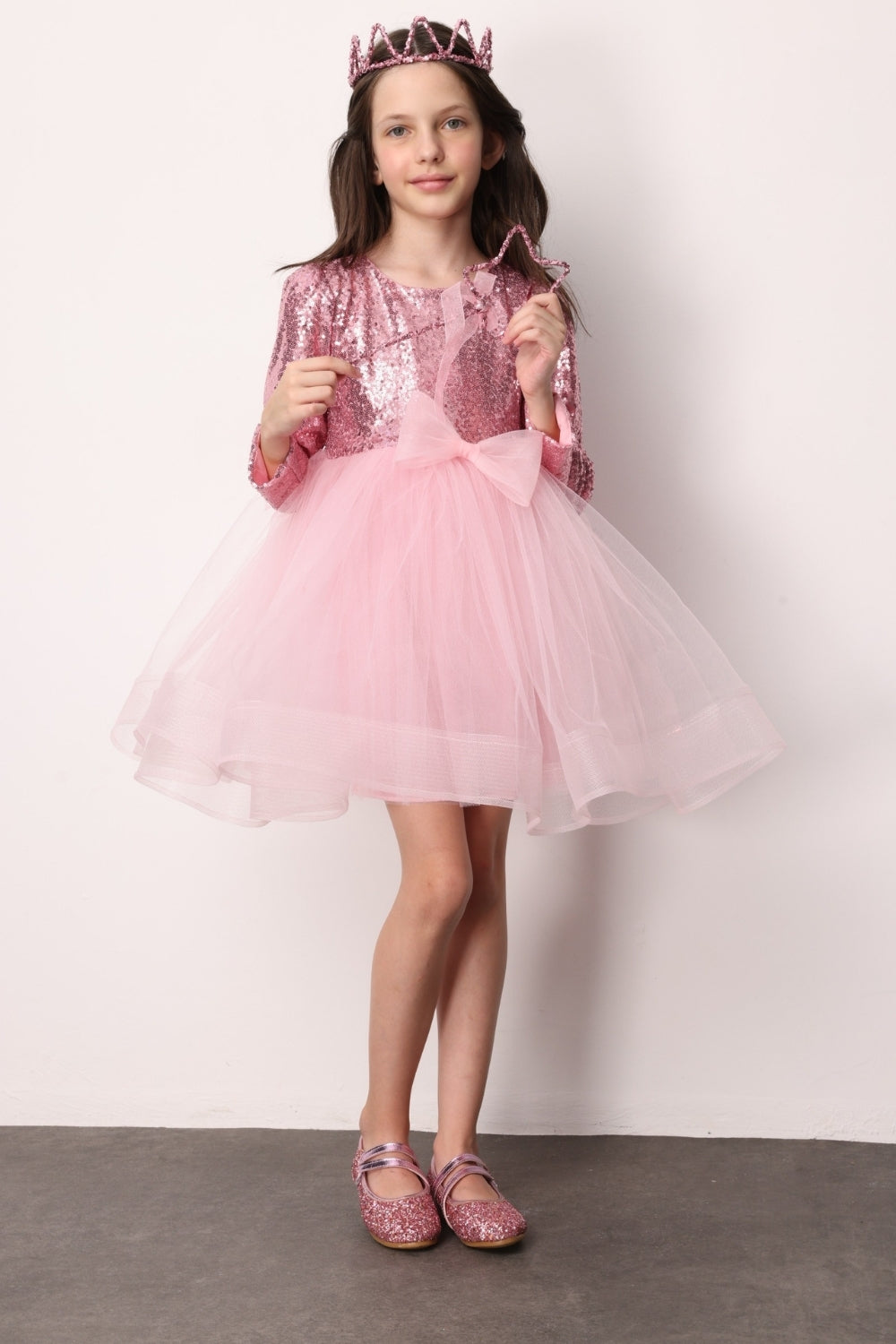 ULMB25AWGDRE015_1028_1.jpg Pink Sequin Striped Bow Detail Girl's Dress