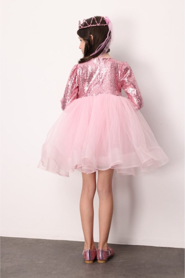 Pink Sequin Striped Bow Detail Girl's Dress