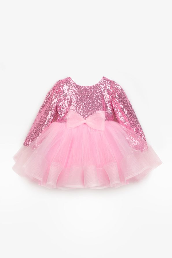 Pink Sequin Striped Bow Detail Girl's Dress