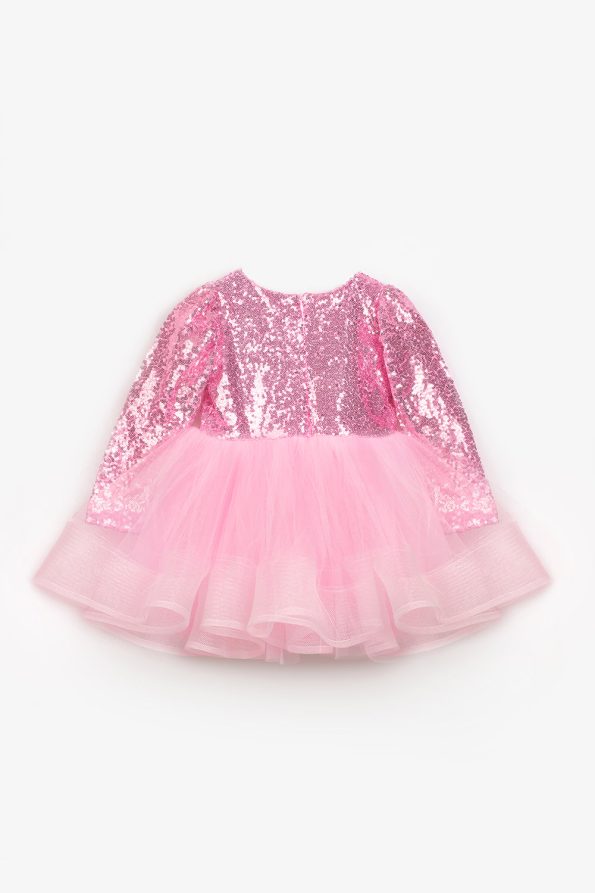 Pink Sequin Striped Bow Detail Girl's Dress