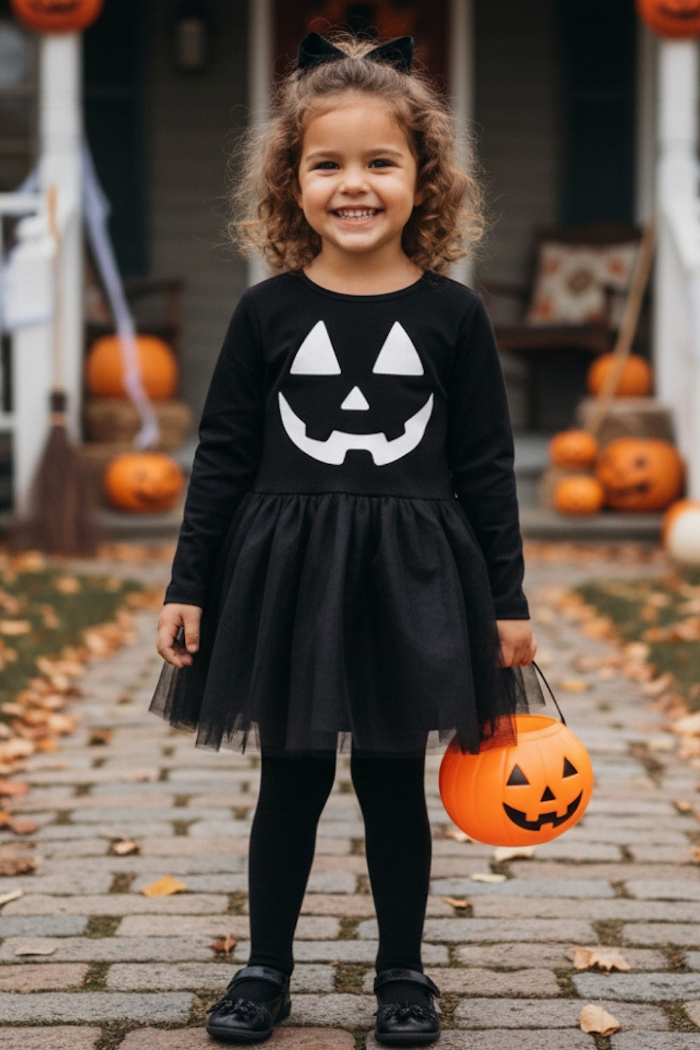 ULMB25AWGDRE022_1034_1.jpg Black Pumpkin Print Tulle Skirt Girls Dress - Sandra