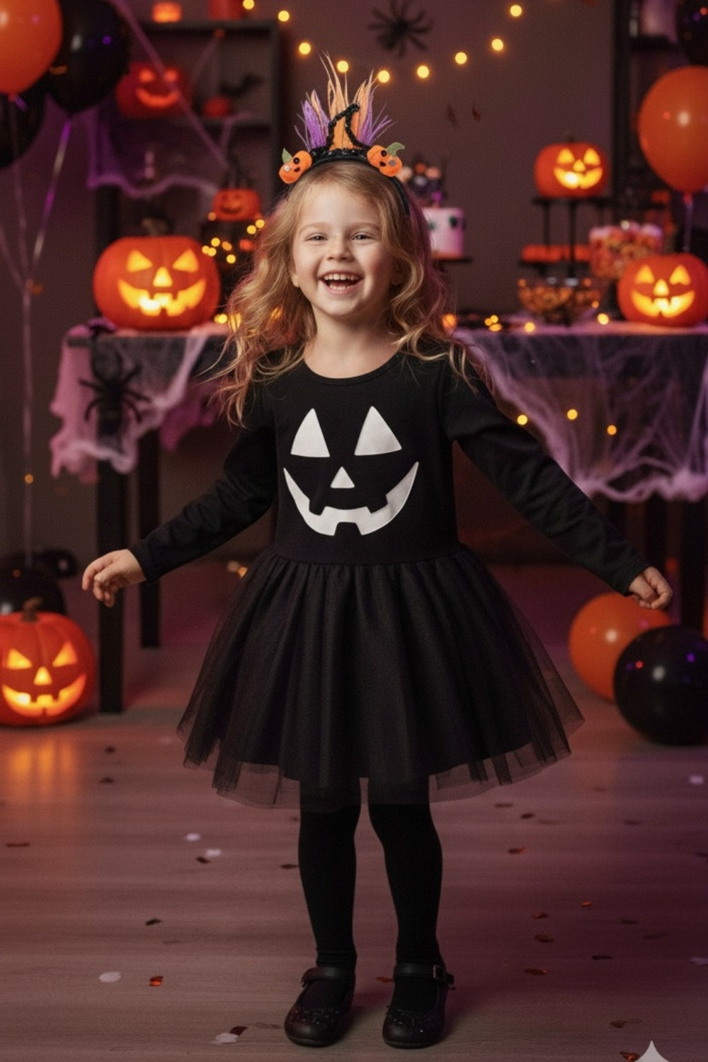 ULMB25AWGDRE022_1034_2.jpg Black Pumpkin Print Tulle Skirt Girls Dress - Sandra