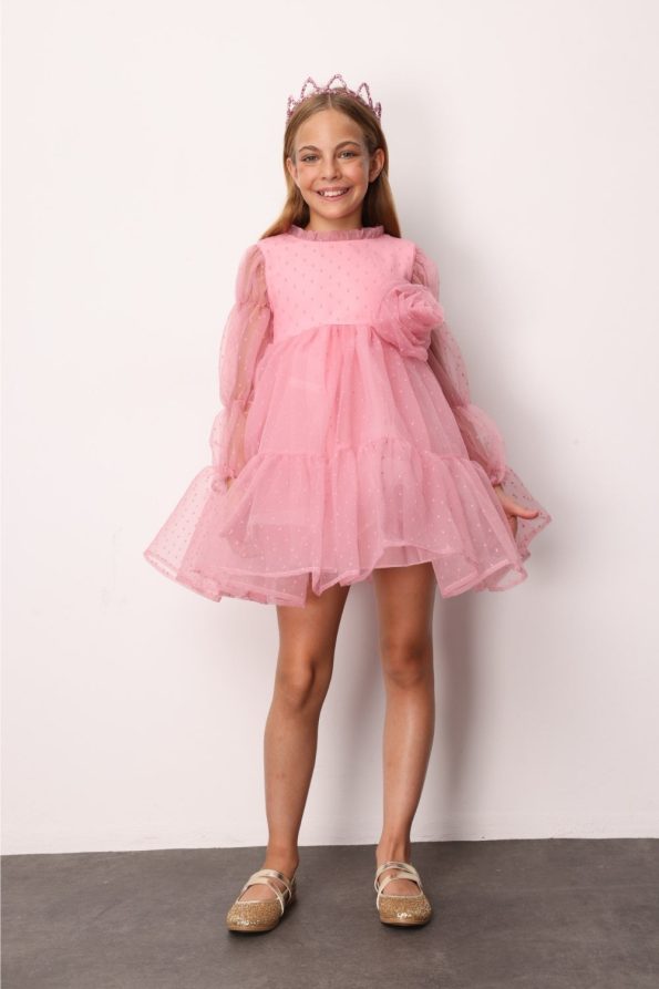Rose Pink Polka Dot Dress with Rose Accessory for Girls