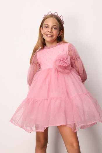 Rose Pink Polka Dot Dress with Rose Accessory for Girls