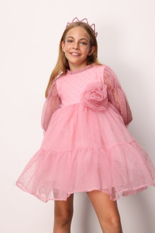 Rose Pink Polka Dot Dress with Rose Accessory for Girls