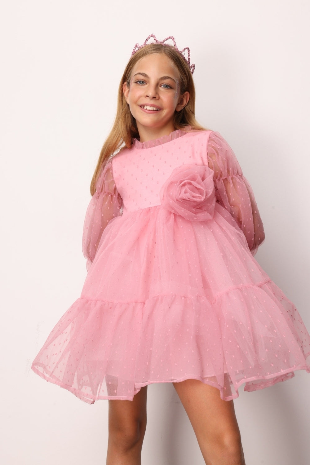 ULMB25AWGDRE025_1010_2.jpg Rose Pink Polka Dot Dress with Rose Accessory for Girls