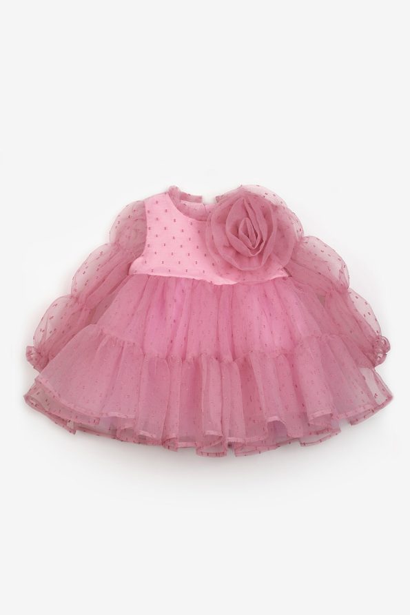 Rose Pink Polka Dot Dress with Rose Accessory for Girls