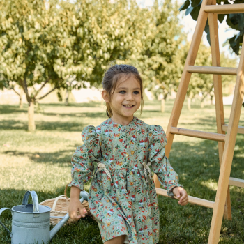 Green Cotton Dress with Ribbon and Floral Pattern for Girls