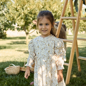 Cream-Yellow Floral Cotton Dress with Ribbon for Girls