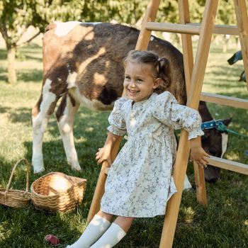 Bow-Accented Floral Print Cream Cotton Dress for Girls