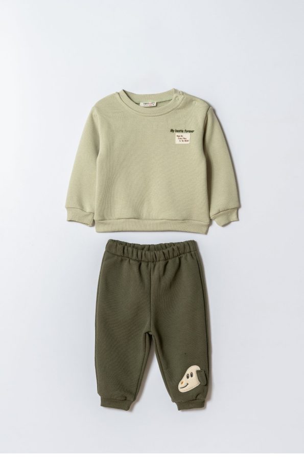 Boys' Cotton Green Sweatshirt and Dog Embroidered Jogger Set