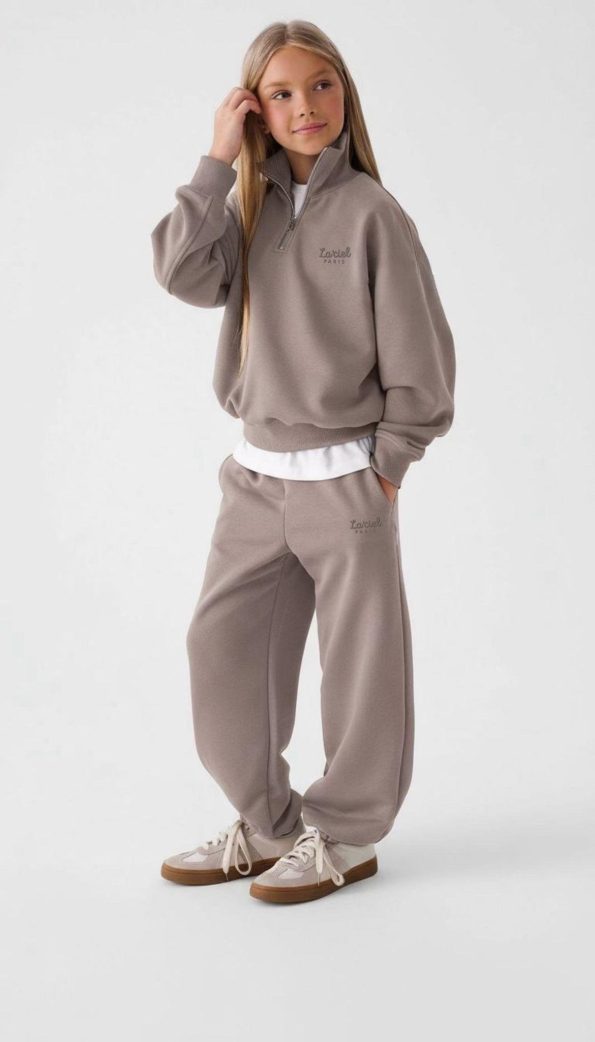 Girls' Cotton Brown Zip-Up Sweatshirt Tracksuit - Oversized Fit